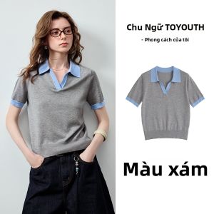 Toyouth | Áo Thun Polo Cổ Tròn Rayon Mỏng Màu Đối Chọi Xanh