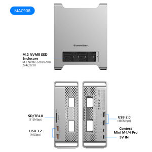 Blueendless | Blueendless SSD Docking for 2024 MAC Mini M4/M4 Pro Stand with M.2 NVMe SSD Enclosure 4K/60HZ HDMI-Com SD4.0 TF4.0 10Gbps C HUB