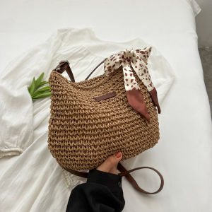 Versatile Straw Woven Bucket Bag Shoulder Beach Vacation Casual Womens Small Bag Soft Korean Style Pure Color Zipper Closure