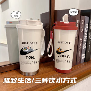 แก้วน้ำรักษาความร้อนสแตนเลส 316 ทรงปากดีไซน์การ์ตูนแมวและกุ้ง เครื่องดื่มสำหรับผู้ชายและผู้หญิง แก้วน้ำสำหรับคู่รัก