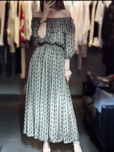 Elegant Chiffon Dress Formal Occasion Womens Fashion Spring Summer High Waist A-Line Skirt Print Short Sleeve One-Shoulder