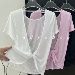 Breathable Hollow out Yoga Top Thin Sporty Backless T-Shirt Korean Style Loose Fit Polyester Spandex Blend Summer Wear