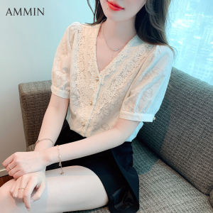 AMMIN เสื้อลูกไม้ลูกไม้สั้นคอวีปักใหม่สำหรับฤดูร้อน 2023 เสื้อชีฟองแฟชันเวอร์ชันผู้หญิงเกาหลีอารมณ์เสื้อลูกไม้กระชับสัดส่วนแขนพอง