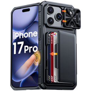 For iPhone 17 Pro With Card Holder Sliding Camera Cover And Stand Phone Case Anti-Fall PC+TPU Wallet Case-Titanium