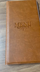 Bìa menu da PVC khổ A4 nhỏ (KT ruột 15x30cm) loại 10 lá màu vàng bò cho nhà hàng.