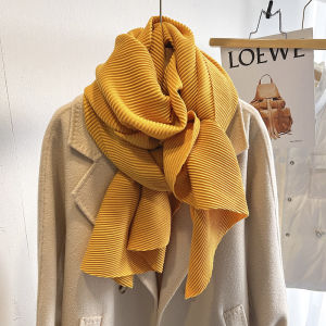 Retro Miyake Style Pure Color Cotton-Linen Like Pleated Scarf for Spring Autumn