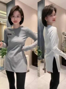 เสื้อยืดคอกลมแขนยาวผ้าฝ้ายและยางยืดสำหรับผู้หญิง ทรงหลวม ทรงยาวปานกลาง ป้องกันรังสียูวี ระบายอากาศได้ดี สำหรับฤดูใบไม้ผลิ 2025