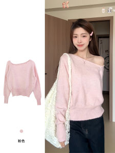 Delicate Pink Off-Shoulder Knitted Sweater Womens Fashion Spring Autumn Inner And Outer Wear Long Sleeve Elegant Top