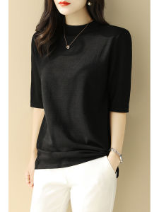 เสื้อสเวตเตอร์ถักแขนยาวครึ่งตัวสีดำสำหรับผู้หญิงในช่วงฤดูร้อน เสื้อเชิ้ตทรงหลวมๆ ทรงไหล่ตรง แขนยาวปานกลาง แขนห้าส่วน