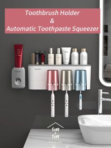 Wall Mounted Toothbrush Holder & Automatic Toothpaste Dispenser Squeezer With Cups Tempat Letak Berus Gigi 牙刷置物架 牙刷架