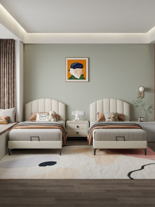 Leopoldo Kids Leather Double Bed Twin Boys Girls Patchwork Solid Wood 1 Meter 1.1 Meter 1.2 Meter Wide Single Bed