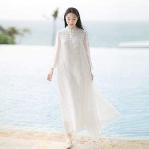 New Chinese Zen Style Womens Cotton Linen Dance Dress Healer Long Sleeve A-Line Skirt Traditional Artistic Therapy Dress