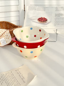 Ceramic Polka Dot Double Ear Baby Bowl Student Children Eating Bowl Home Use Noodles Bowl Breakfast Bowl Salad Baking Roast Bowl