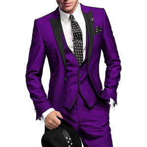 3 Piece Purple Mens Suit Notch Lapel 1 Buttons Slim Fit Blazer Vest Pant Set Breathable Lightweight For Groom Business Casual