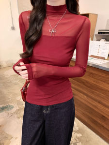 Womens Long Sleeve Mesh Base Shirt Thin Half High Collar T-Shirt Autumn New Style Fashionable Inner Wear Top Korean Version Slim Fit