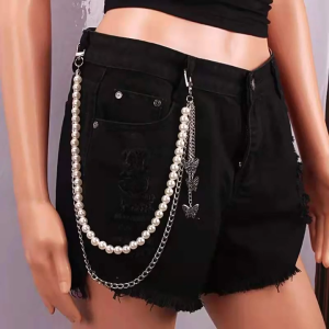 LOYO Female Cool Ins Pants Chain Accessories Punk Jeans Belt Decoration Hip Hop JK Uniform Grid Pearl Butterfly Pants Chain