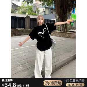 American High Street Loose Couple Matching Short Sleeve T-Shirt Womens Summer Vintage Oversize Half Shirt Cotton round Neck