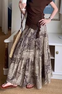 กระโปรงยาวพิมพ์ลายน้ำตาลพีชสไตล์ฝรั่งเศส กระโปรงทรงเอเอวสูง ทรงหลวม กระโปรงยาวคลุมเข่า กระโปรงสั้น กระโปรงผู้หญิง