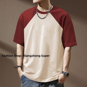 Mens Short Sleeve T-Shirt 2025 New Popular Color Block Loose Fit American Style Half Sleeve Casual Top Breathable Cotton Summer Shirt