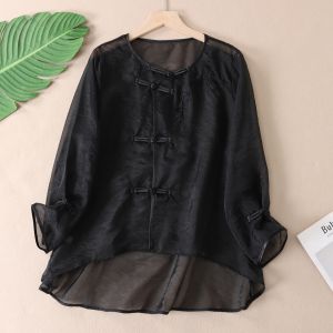 Dreamy Embroidered European Organza Lightweight See-through Summer Sun Protection Long Sleeve Womens Shirt Loose Fit round Neck