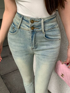 Retro Stretch Skinny Jeans Denim Womens Summer Thin Stylish Breasted High-Waisted Trousers Slim Fit Hip Raise Pencil Pants