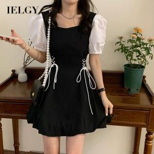 IELGY womens fashion all match little black dress with puff sleeves waist
