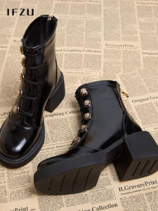 รองเท้าบูทมาร์ตินหนังแท้สำหรับผู้หญิงฤดูใบไม้ผลิและฤดูใบไม้ร่วง รองเท้าส้นสูงแบบมีขนแกะหนา พื้นหนา ส้นหนา บูทสั้นสไตล์อังกฤษ รองเท้าส้นแบนแบบลำลอง