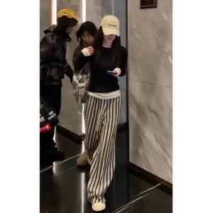 Loose Sporty Wide Leg Casual Sleep Pants for Women Black White Stripes Spring Summer Island Style Small Size High Waist Long