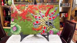 Tranh sơn mài - Quần Ngư Hội Tụ -Cá Sen 50x80 cm nền dát vàng / bạc cao cấp hàng xuất khẩu trang trí nhà cửa quà tặng ý nghĩa cho người thân đối tác