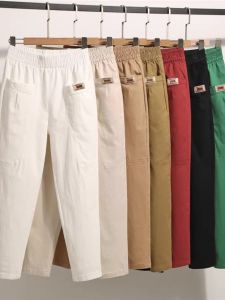 Trendy Pure Cotton Straight Leg Nine-Piece Pants Elastic Waist Loose plus Size New Style Small Figure Harlan Pants Commute Style