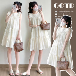 Summer Dress for Pregnant Women Short Stature Pure Cotton Outerwear French Style Loose Waist Flying Sleeve Commute Suitable