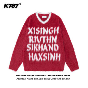 K787 Lazy Style Red And White Color Block V-neck Knitwear for Men And Women Horse Hair Year of Horse Atmosphere Couple Sweater