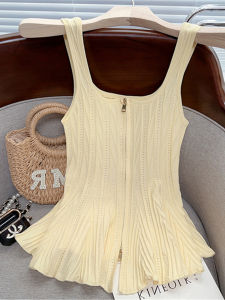 Áo Len Dệt Kim Ngắn Cổ Vuông Thời Trang Mùa Hè Có Khóa Kéo Áo Vest Dây Thanh Lịch Dành Cho Nữ