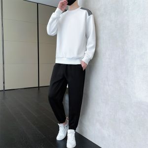 ROMON | Romon Mens Casual Sportswear Set Spring Autumn Loose Printed Round Neck Sweatshirt Easy Match Two Pieces Cotton Polyester Blend