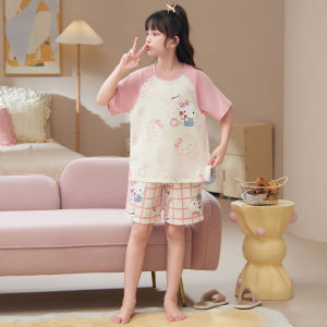 miiow | Pure Cotton Cat Girl Pajamas Short Sleeve Home Clothes Set For Girls Ages 11-13 Suitable For Outdoor Wear Summer Season