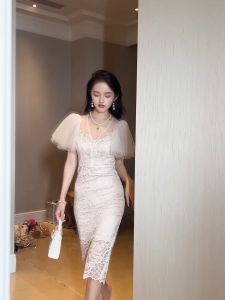 ZYHT Đầm Nước pháp thời trang tay áo phồng vải ren hợp thời trang váy tiểu thư sang chảnh 20644