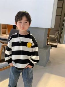 Áo Nỉ Dài Tay Kẻ Sọc Mặt Cười Cho Bé Trai Mùa Xuân Thu Mỏng Phong Cách Hàn Quốc Trẻ Em Sơ Sinh Thời Trang Áo Lót Cổ Tròn