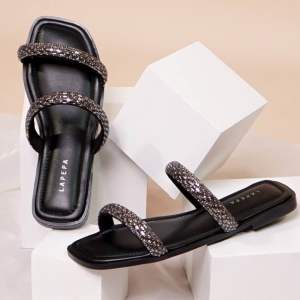 Sandal Wanita LAPEPA JASMINE Sendal Wanita Teplek Mewah Blink Kristal Slop Rumah Flat Cewek Pergi Jalan