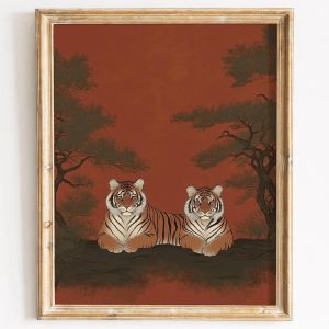 BILIBILI | Japanese Tiger Poster Vintage Wildlife Art Print Red Oriental Wall Art Traditional Woodblock Style Zen Nature Home Decor