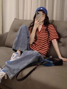 Red Striped Polo Shirt Lightweight Short Sleeve T-Shirt