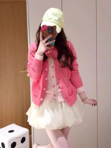 Áo Len Cardigan Dệt Kim Hai Mảnh Màu Hồng Phong Cách Hàn Quốc Cho Nữ Mùa Xuân Thường Ngày Thiết Kế Áo Len Dệt Kim Dáng Rộng