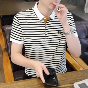 HENGYUANXIANG | Hengyuanxiang Mens Slim Fit Breathable Ice Silk Polo Shirt Short Sleeve Stripe Pattern Summer Thin Fashionable Youth T-Shirt