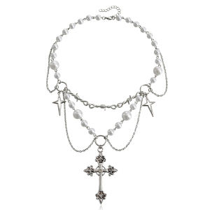 Double Layer Shiny Pearl Cross Necklace Womens Versatile Fashion Jewelry Cross Design Alloy Pendant Silver Gold Plated Chain