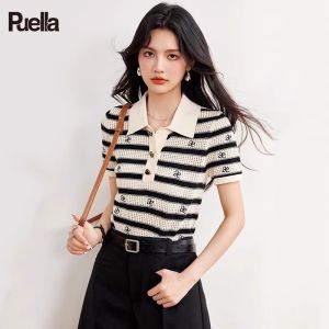 Puella | Colorful Stripe Lace-up Embroidery Heart Button Polo Collar Knit Sweater