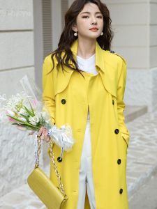 Yellow Long Coat Womens Double Row Button Hong Kong Style Loose Outerwear British Style Commute Polyester Fiber Windbreaker