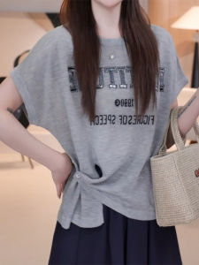 Irregular Short Sleeve Ice Silk Nylon Stitch Knitted T Shirt Women Casual Loose Fit Letter Bright Sparkly Summer Top 2025