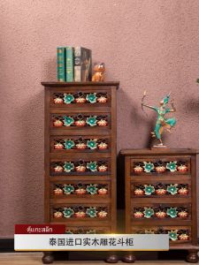ตู้ลิ้นชัก ใส่ของ ตู้ข้างเตียง ลิ้นชักเก็บของ วินเทจ แกะลาย เขียนทอง ตู้ไม้แกะสลัก ตู้เสื่อกก ของตกแต่ง LuckyThailand ตู้