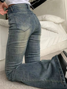 Retro American High Waist Bell Bottom Jeans Womens Slimming Elastic Casual Long Pants Cotton Polyester Blend Vintage Style