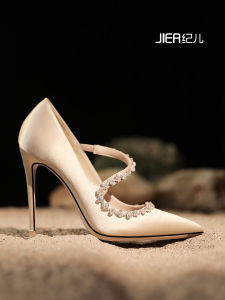 Elegant Champagne Silk Satin High Heels Bridal Shoes Spring 2025 Diamond Accented Toe Strap Wedding Footwear Fashionable European Style