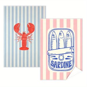 2Pcs Retro Striped Kitchen Towels with Lobster and Sardine Designs 40Cm*60Cm Towel Set Super Absorbent Soft Cleaning Cloth Cooking and Baking Tea Towel Hand Towel Cleaning Cloth Dishcloth Kitchen Decoration Living Room Decoration Kitchen Esse...
